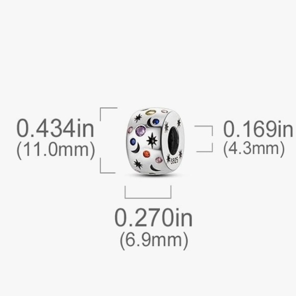 Barrel style Silver 925 Charm with Colorful CZ Moon and stars - Picture 3 of 3